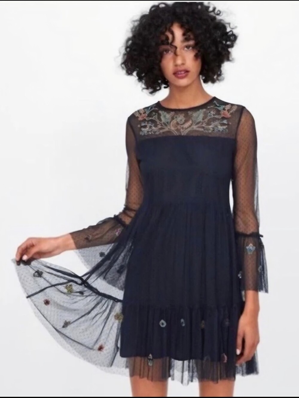 Zara Women's Sheer Embroidery Beaded Swiss Dot Tulle Dress Dark Navy Size‎ XS